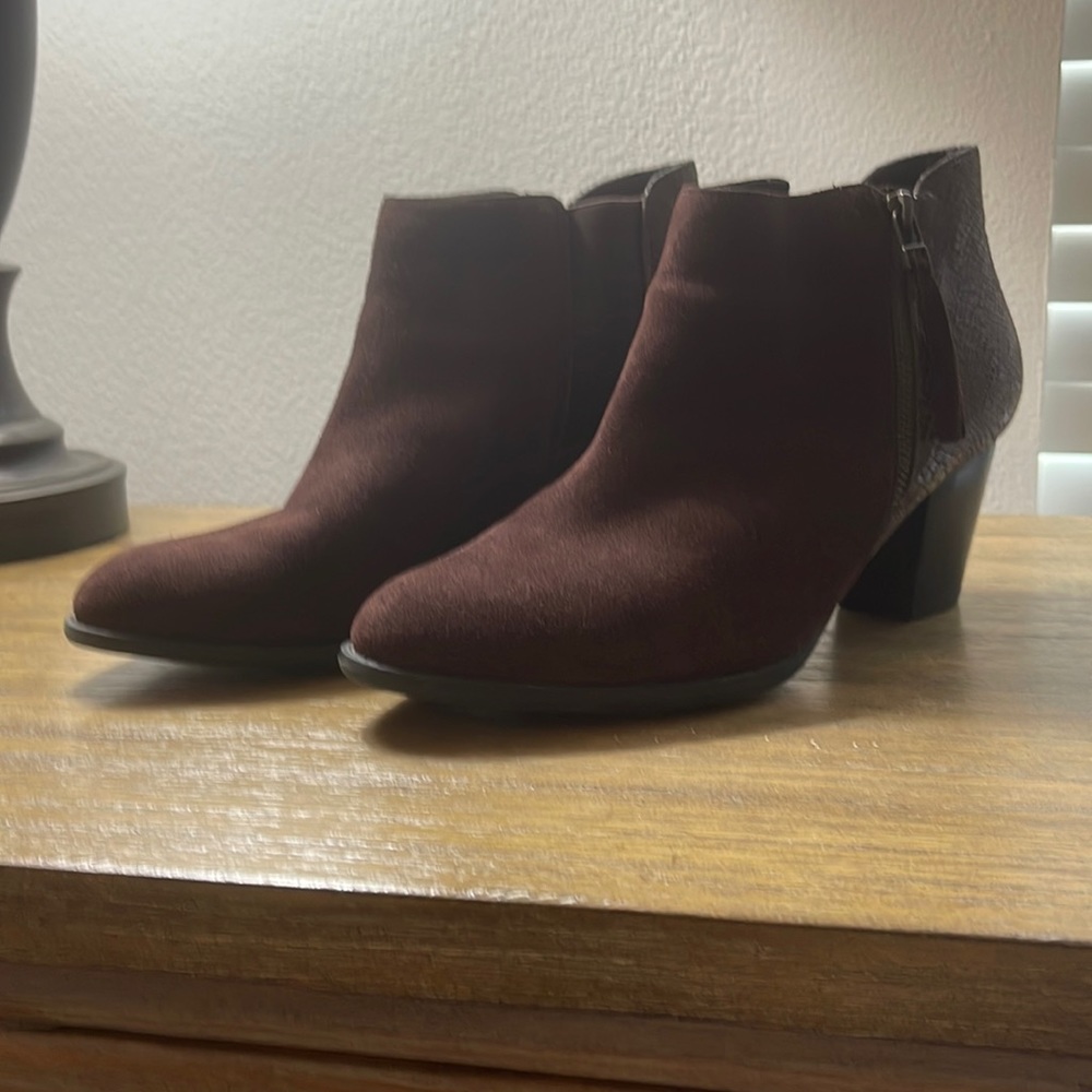 Vionic Anne Suede/Snake Print Leather Water Resistant Booties - Java - 11
